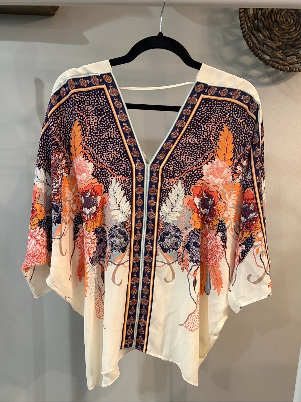 Rose & Olive Cream Tunic with Orange, Navy and Pink Floral Print size medium